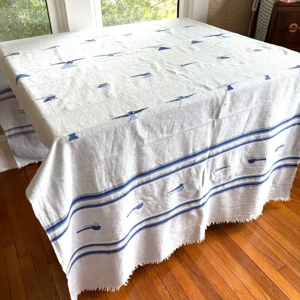 Vintage Guatemalan Cotton Tablecloth Blue Bird Embroidery